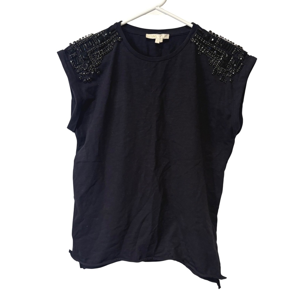 Maje Black Beaded Shoulder‎ Sleeveless Top Cotton Blend Size 1 Embellished Boxy